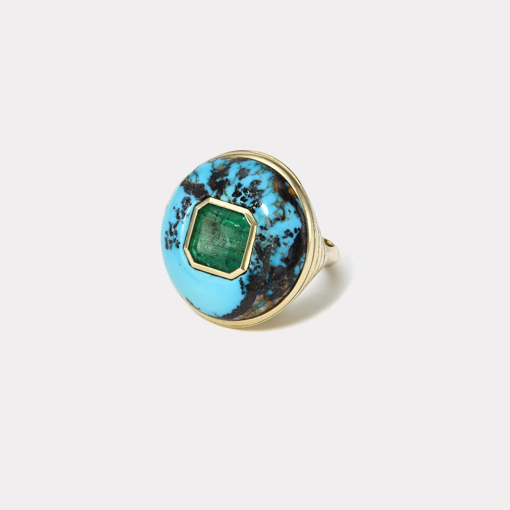 retrouvai Classic Lollipop Ring - 1.87ct Emerald in Hand Carved Turquoise