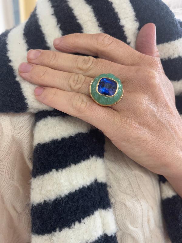 Retrouvai Classic Lollipop Ring - 10.53ct Royal Blue Sapphire In Hand Carved Chrysoprase