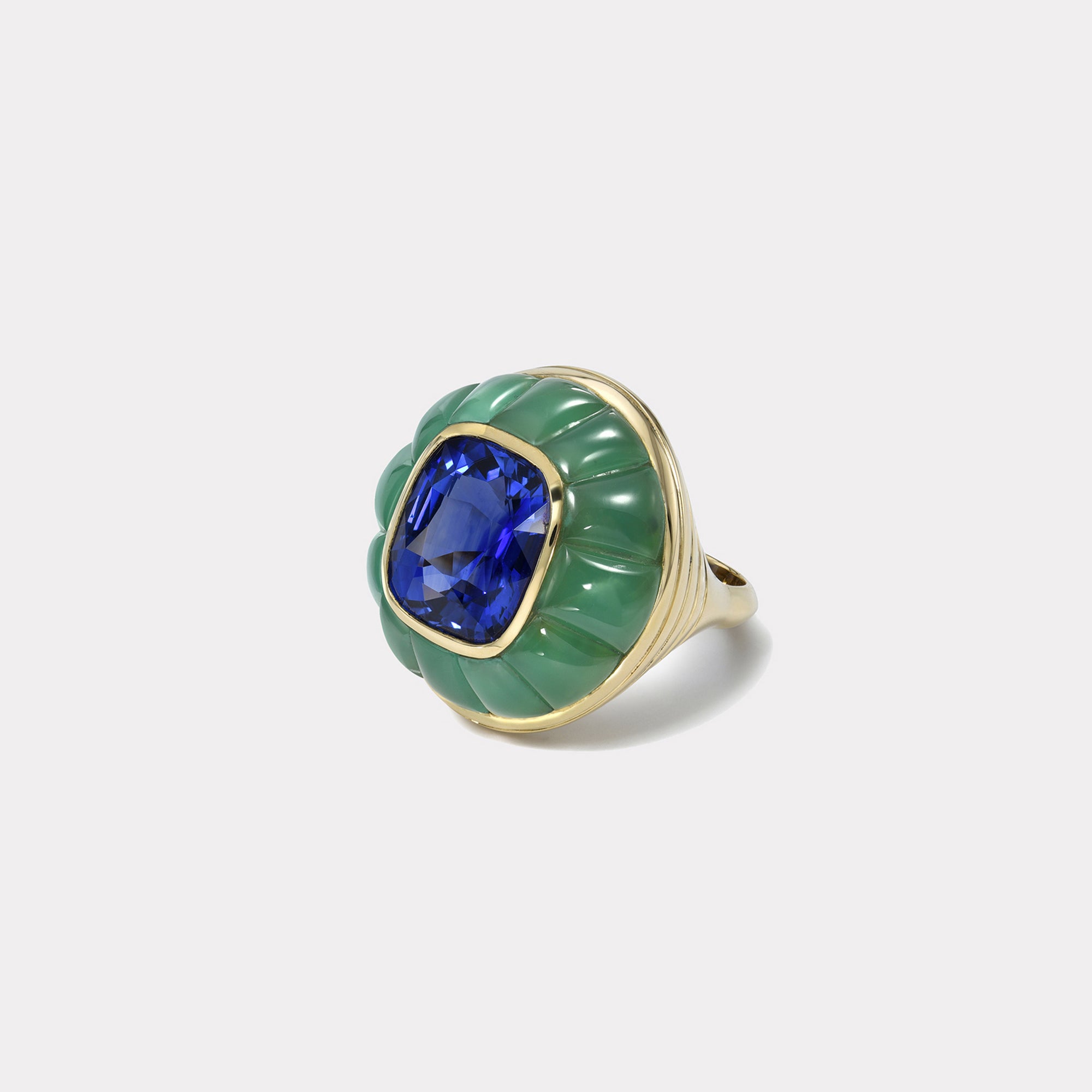 retrouvai Classic Lollipop Ring - 10.53ct Royal Blue Sapphire in Hand Carved Chrysoprase