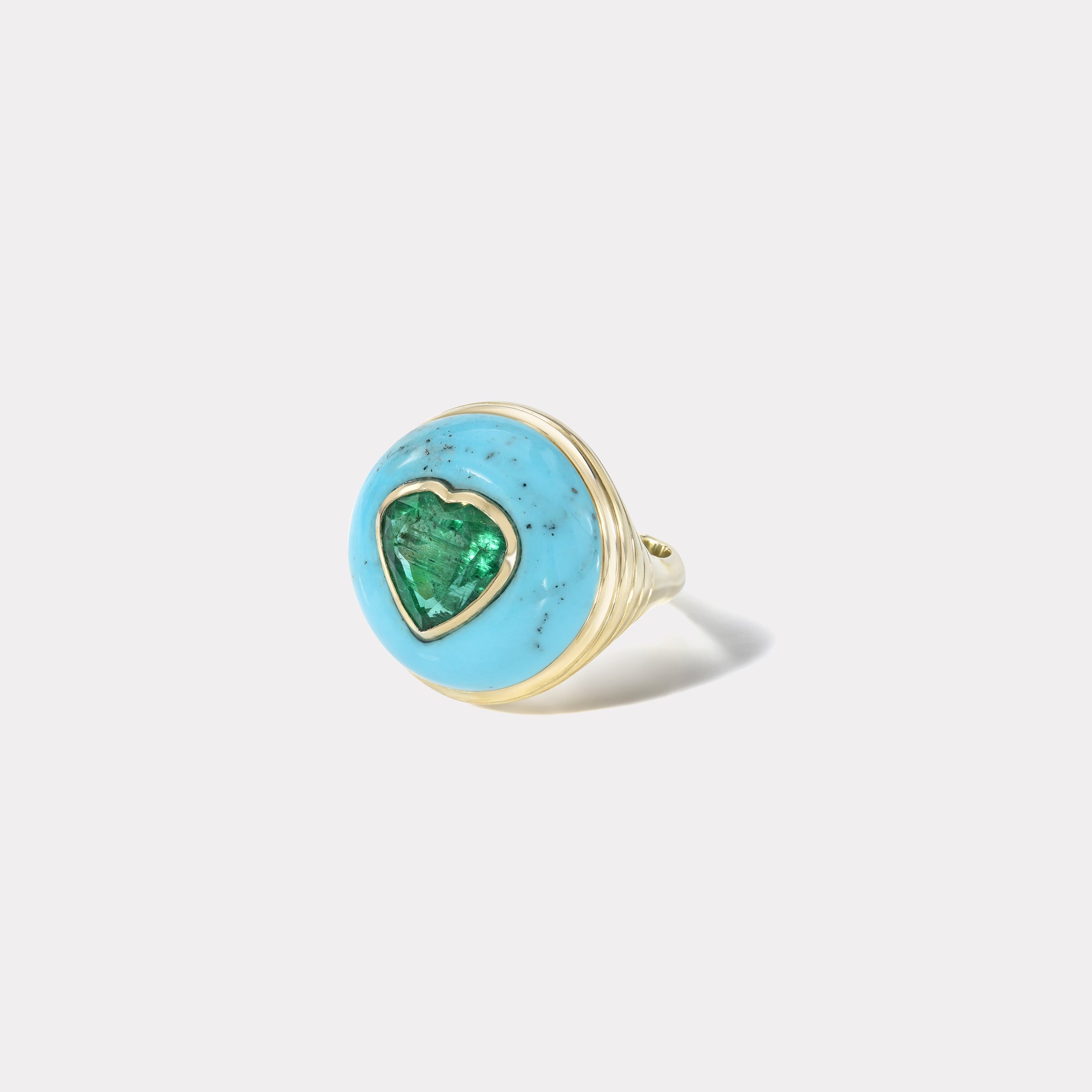 retrouvai Classic Lollipop Ring - 2.65ct Emerald Heart in Hand Carved Turquoise