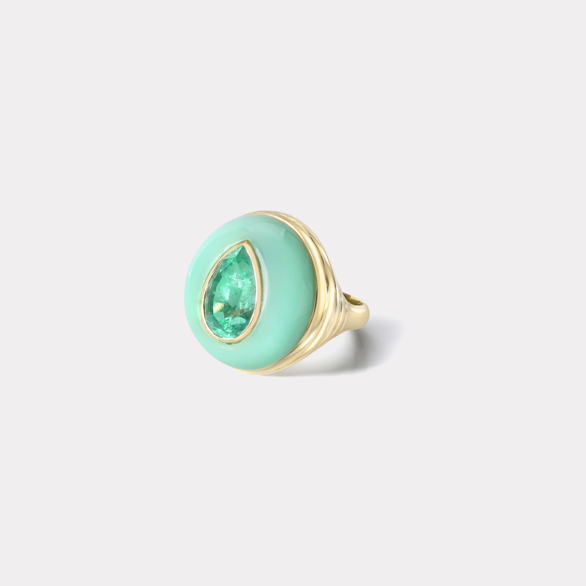 retrouvai Classic Lollipop Ring - 2.93ct Pear Emerald in Hand Carved Chyrosphrase