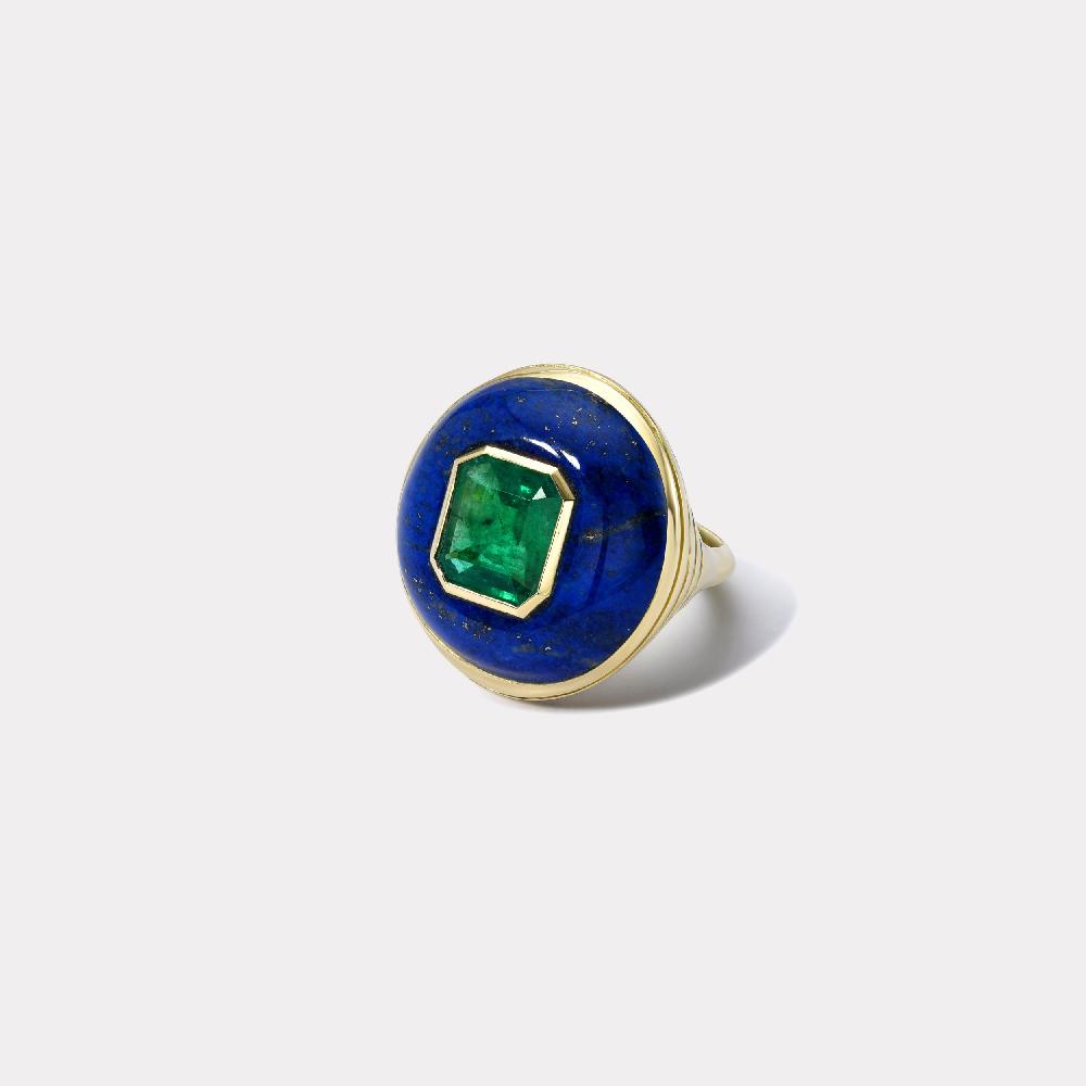 retrouvai Classic Lollipop Ring - 3.20ct Emerald in Hand Carved Lapis