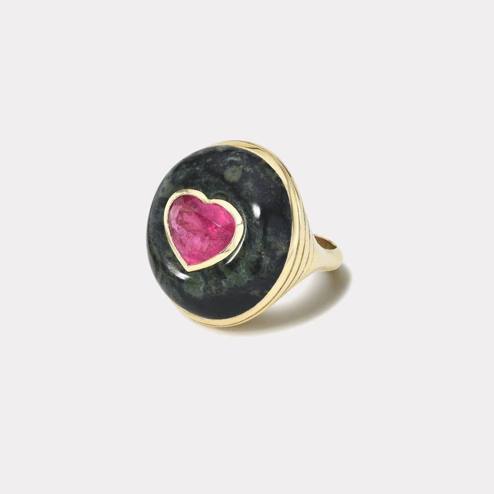 retrouvai Classic Lollipop Ring - 3.29ct Pink Tourmaline Heart in Hand Carved Jasper
