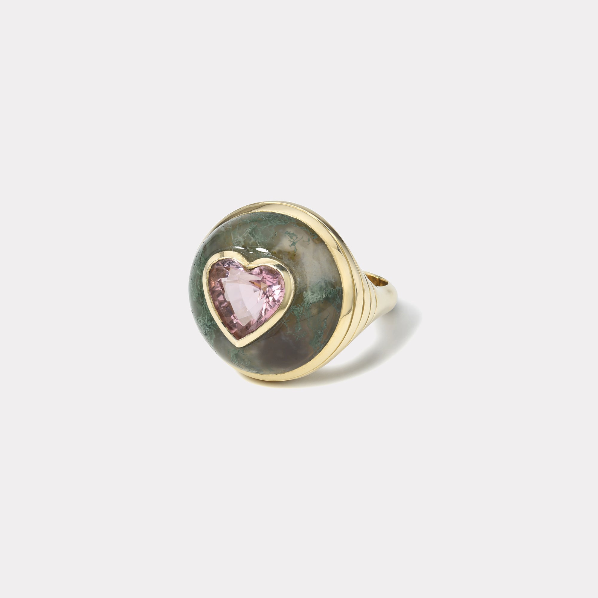 retrouvai Classic Lollipop Ring - 3.48ct Heart Pink Tourmaline in Hand Carved Moss Agate