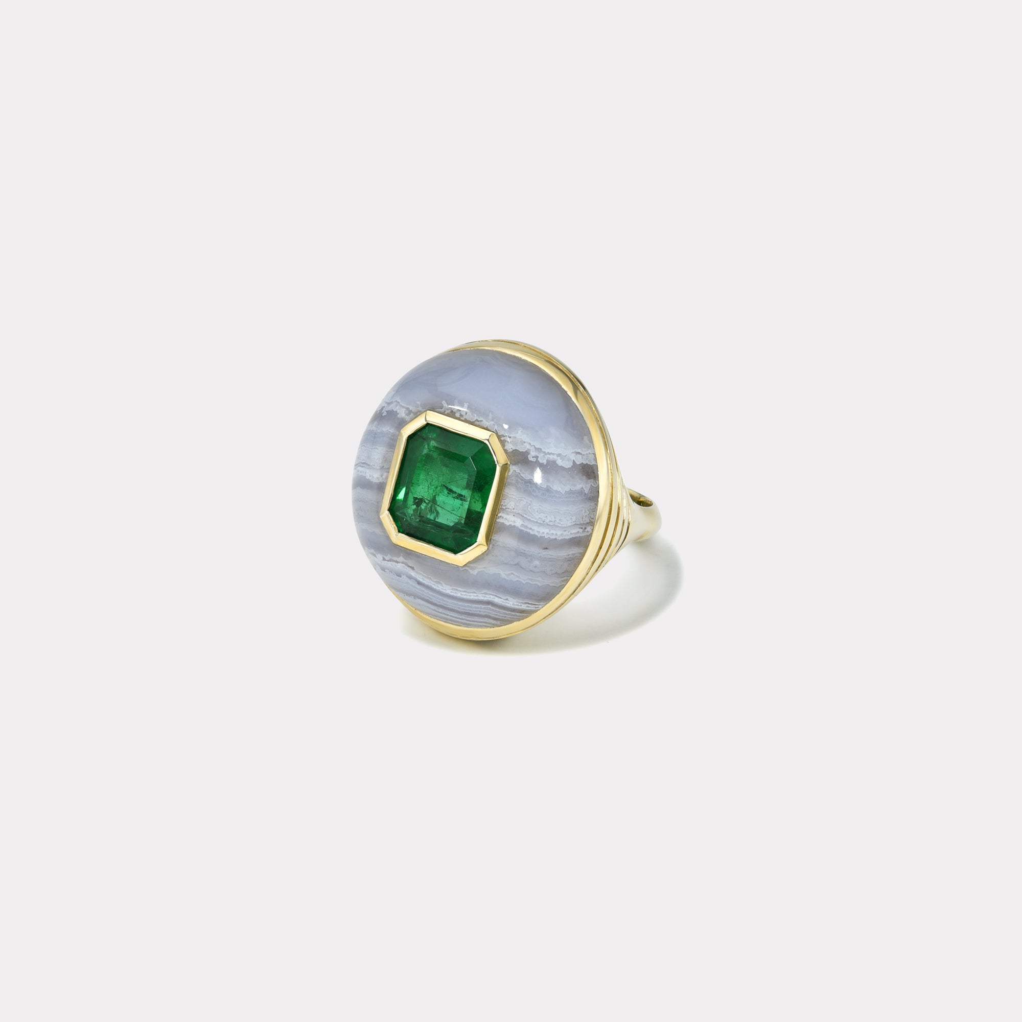 retrouvai Classic Lollipop Ring - 3.8ct Emerald Cut Emerald in Hand Carved Blue Agate