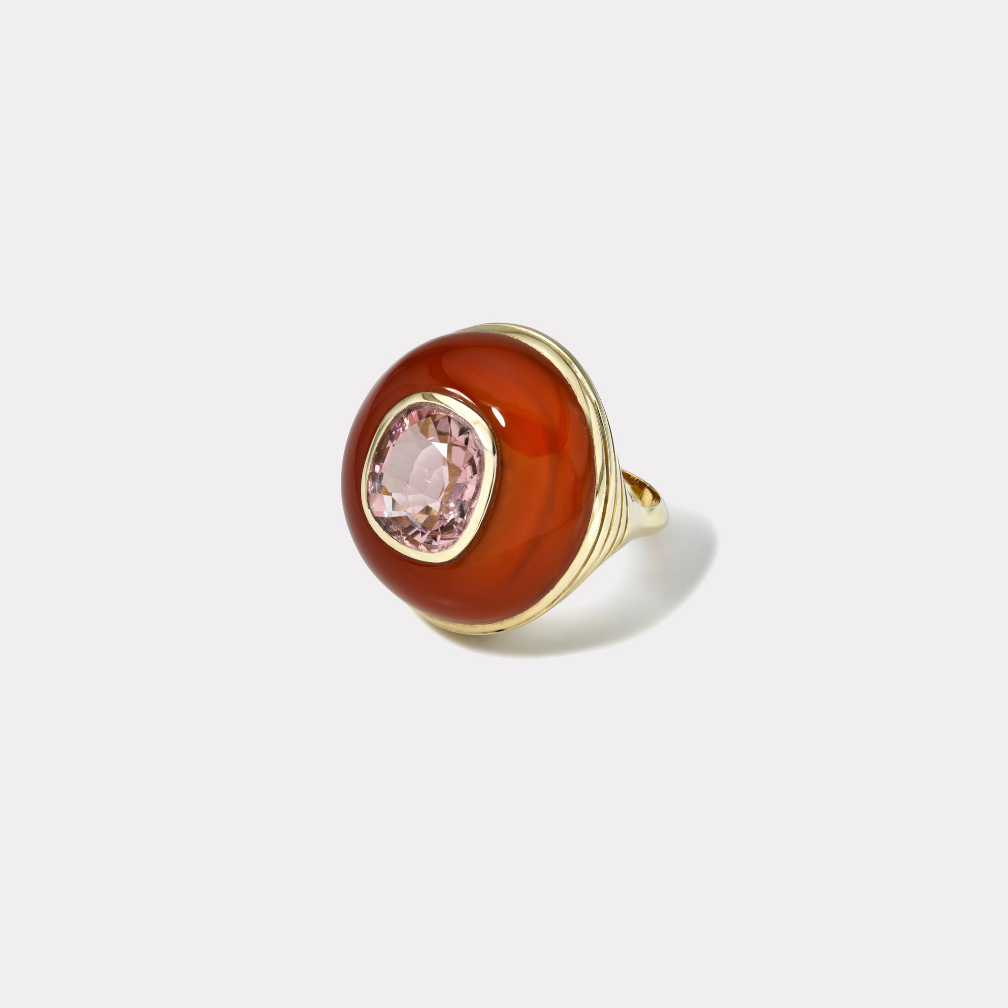 retrouvai Classic Lollipop Ring - 4.32ct Cushion Pink Tourmaline in Hand Cared Carnelian Lollipop Ring
