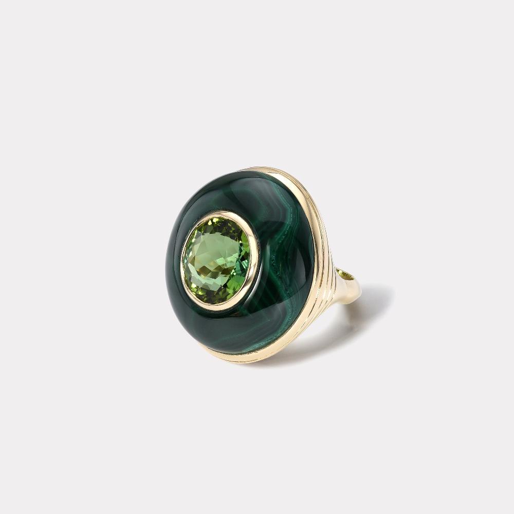 retrouvai Classic Lollipop Ring - 4.36ct Green Tourmaline in Malachite
