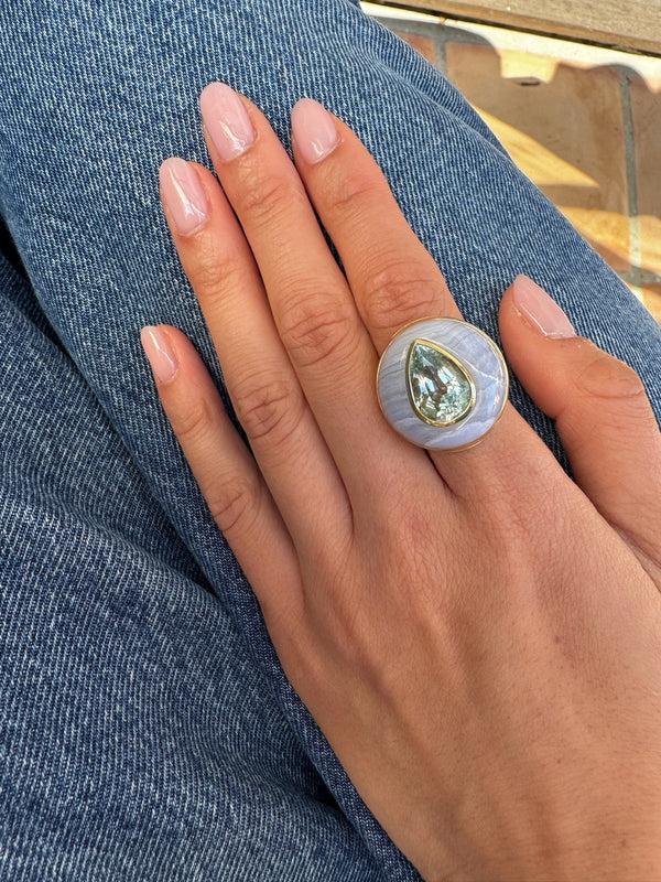 Retrouvai Classic Lollipop Ring - 4.36ct Pear Blue Tourmaline In Hand Carved Blue Lace Agate