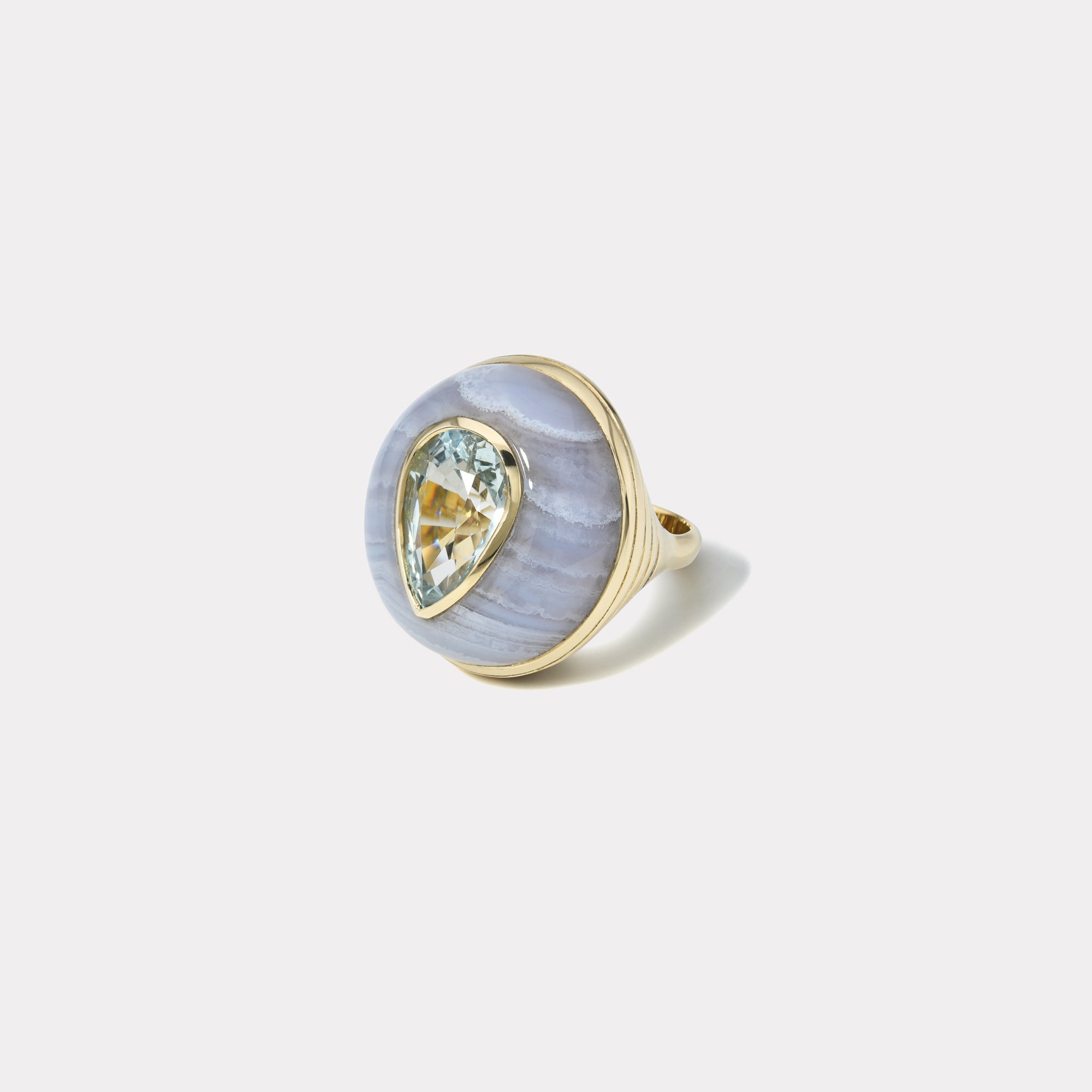 retrouvai Classic Lollipop Ring - 4.36ct Pear Blue Tourmaline in Hand Carved Blue Lace Agate