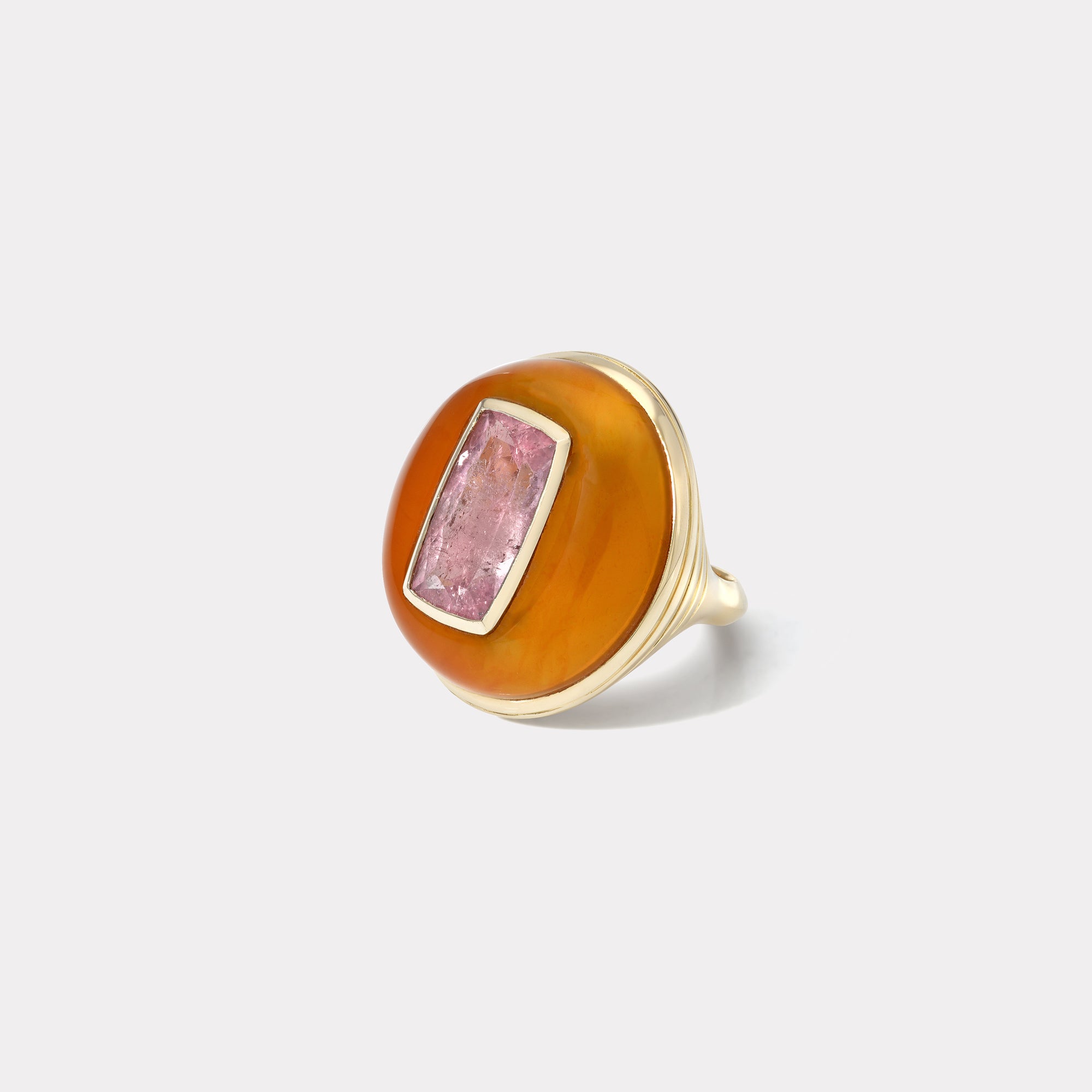 retrouvai Classic Lollipop Ring - 4.56ct Elongated Square Cushion Pink Tourmaline in Hand Carved Carnelian