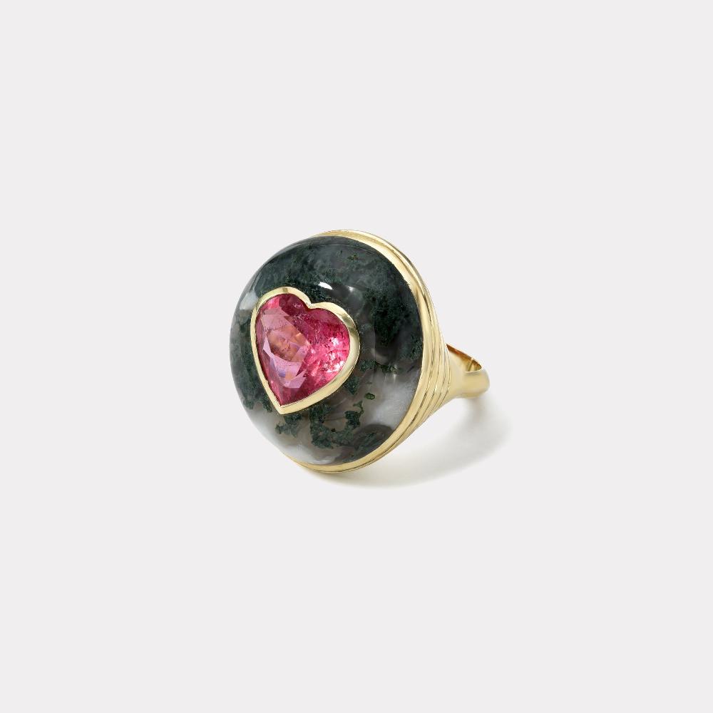 retrouvai Classic Lollipop Ring - 4.89ct Pink Tourmaline Heart in Hand Carved Green Agate Lollipop Ring