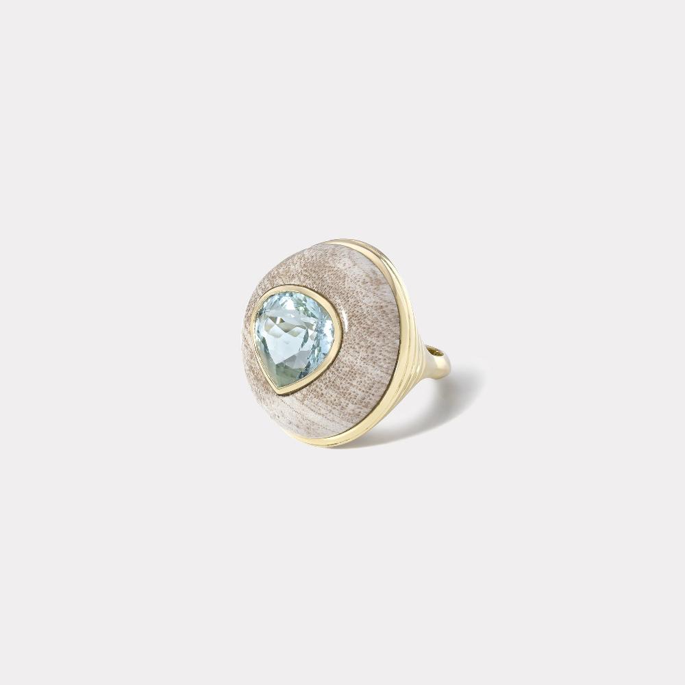 retrouvai Classic Lollipop Ring - 5.19ct Pear Aquamarine in Hand Carved Petrified Wood