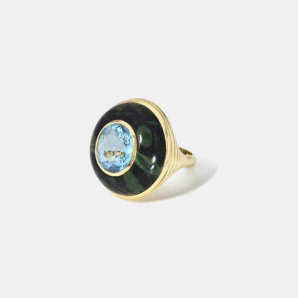 retrouvai Classic Lollipop Ring - 5ct Oval Aquamarine in Hand Carved Spotted Green Jasper