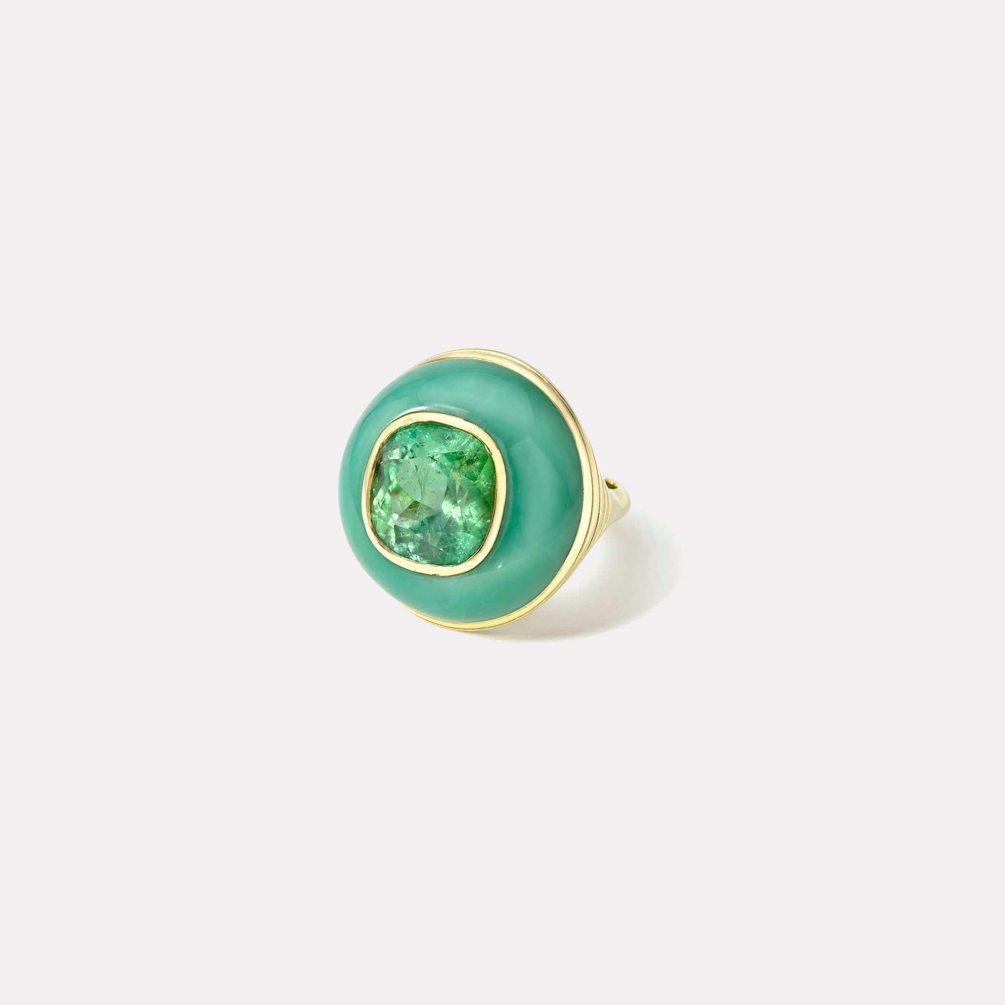 retrouvai Classic Lollipop Ring - 6.09ct Cushion Mint Green Tourmaline in Hand Carved Chrysoprase