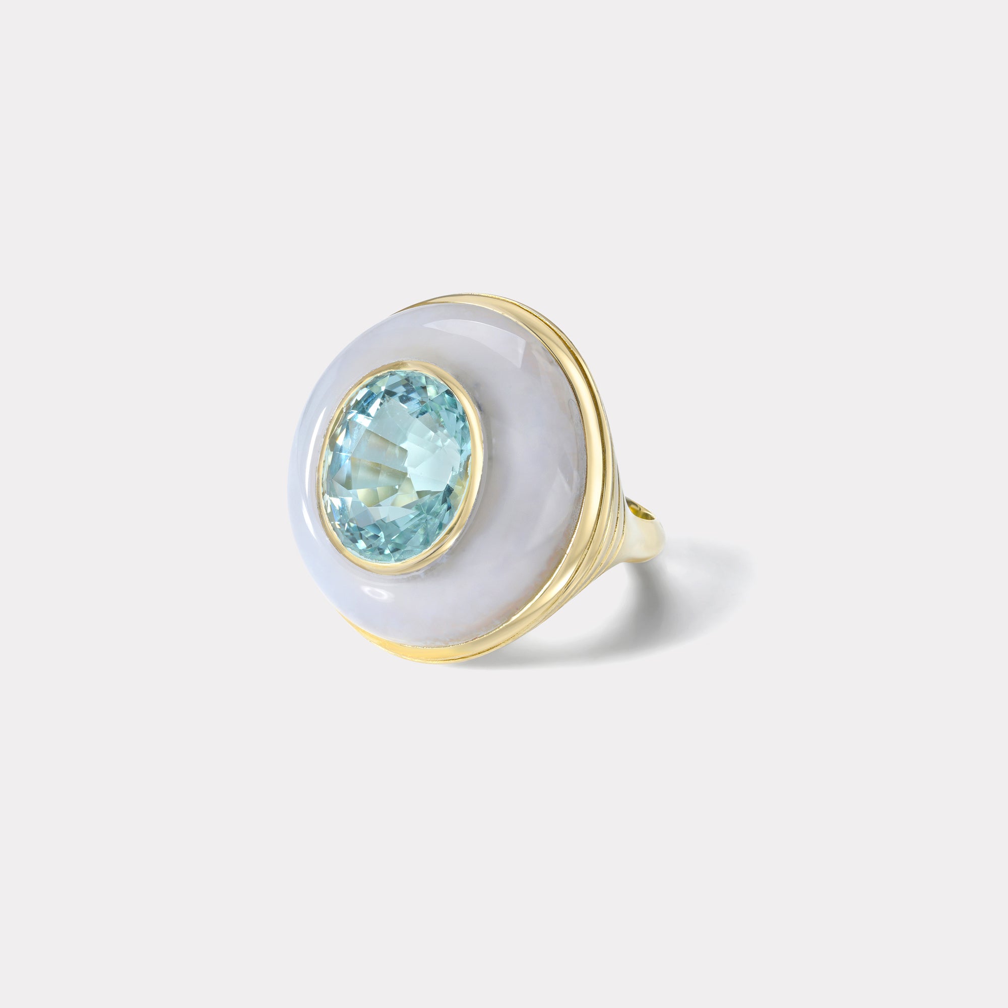 retrouvai Classic Lollipop Ring - 6.32ct Round Aquamarine in Hand Carved Chalcedony