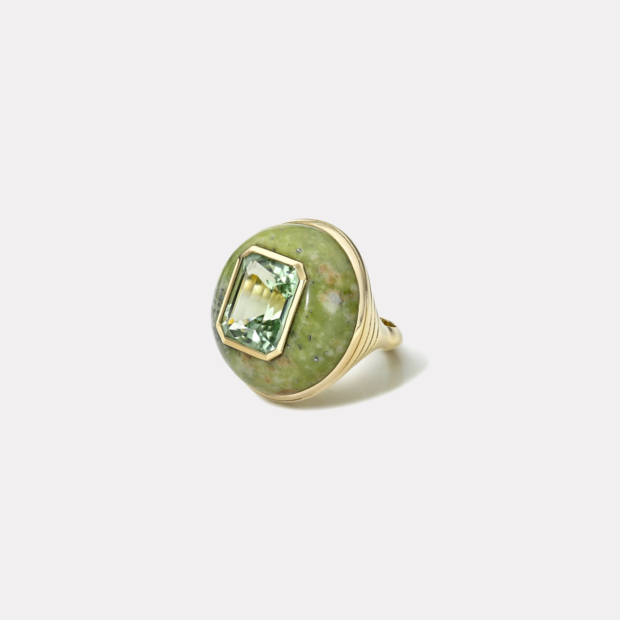 retrouvai Classic Lollipop Ring - 6.50ct Emerald Cut Mint Tourmaline in Hand Carved Green Opal
