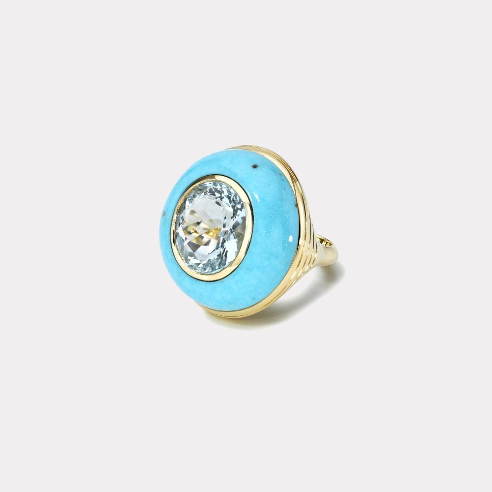 retrouvai Classic Lollipop Ring - 6.8ct Oval Aquamarine in Hand Carved Turquoise