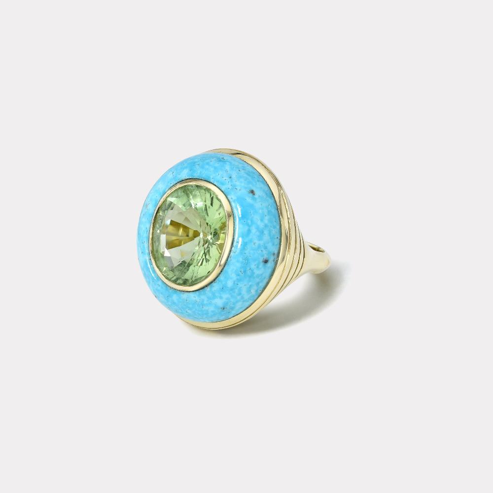 retrouvai Classic Lollipop Ring - 7.14ct Oval Mint Tourmaline in Hand Carved Turquoise