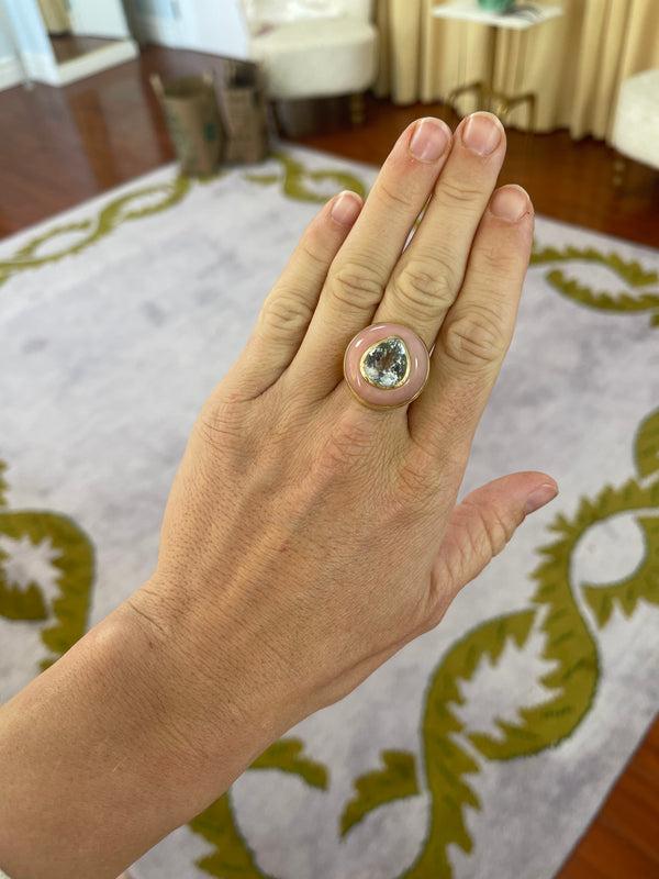 Retrouvai Classic Lollipop Ring - 7.29ct Pear Aquamarine In Hand Carved Pink Opal
