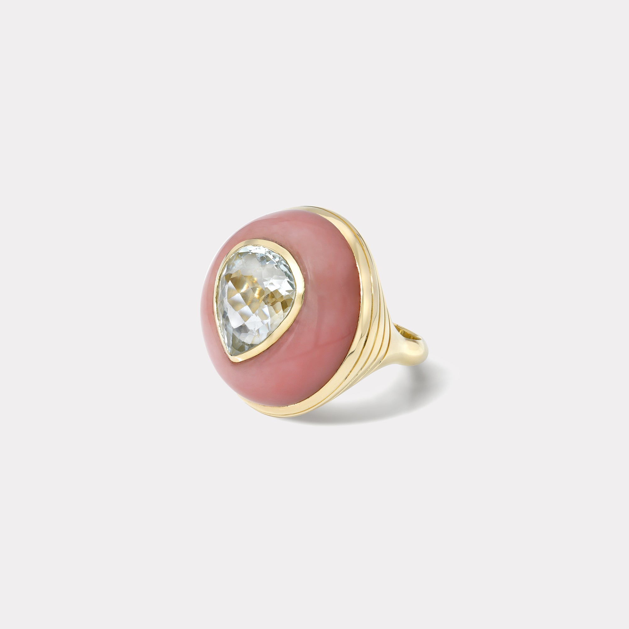 retrouvai Classic Lollipop Ring - 7.29ct Pear Aquamarine in Hand Carved Pink Opal