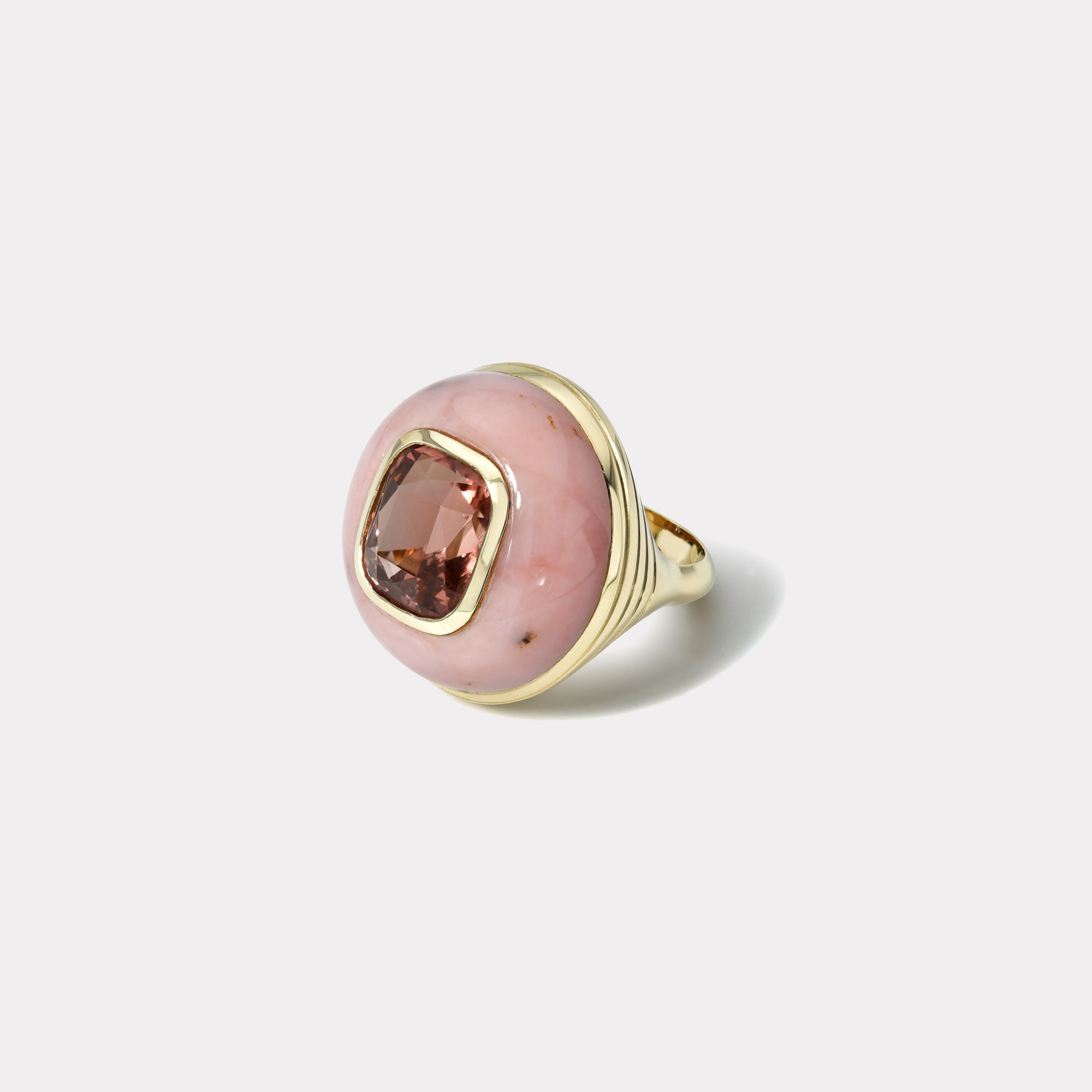 retrouvai Classic Lollipop Ring - 7ct Cushion Salmon Red Tourmaline in Hand Carved Pink Opal