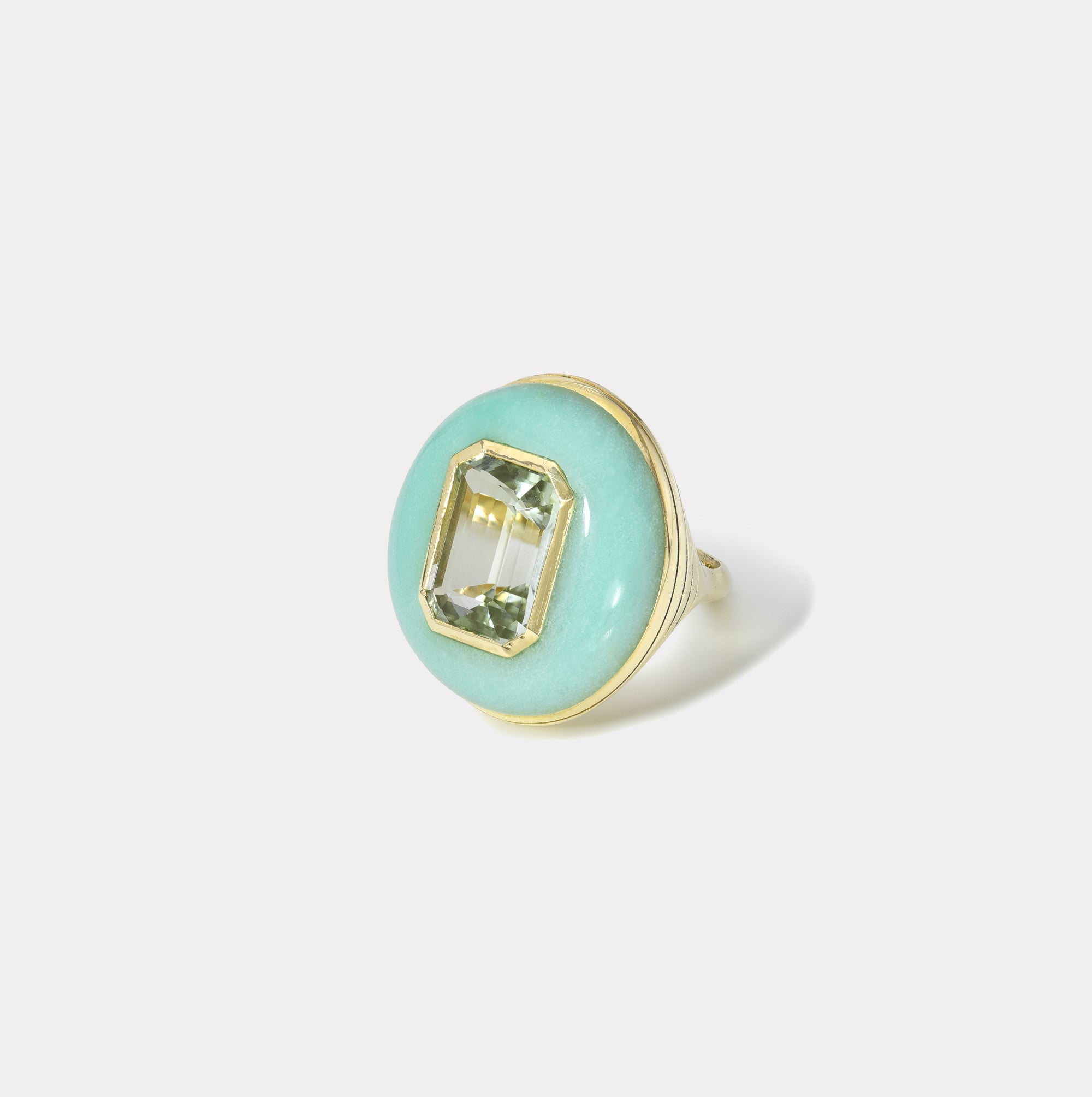 retrouvai Classic Lollipop Ring - 7ct Mint Tourmaline Emerald Cut in Hand Carved Chrysophrase