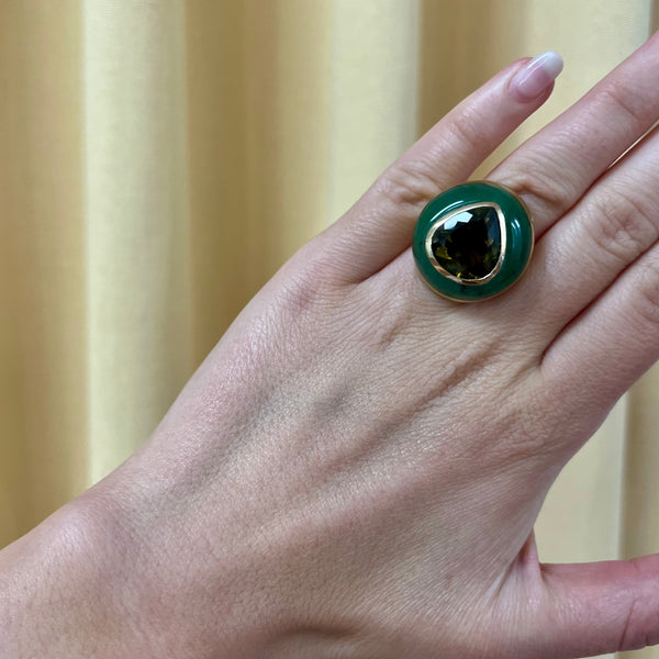 Retrouvai Classic Lollipop Ring - 7ct Pear Olive Green Tourmaline In Hand Carved Nephrite Jade