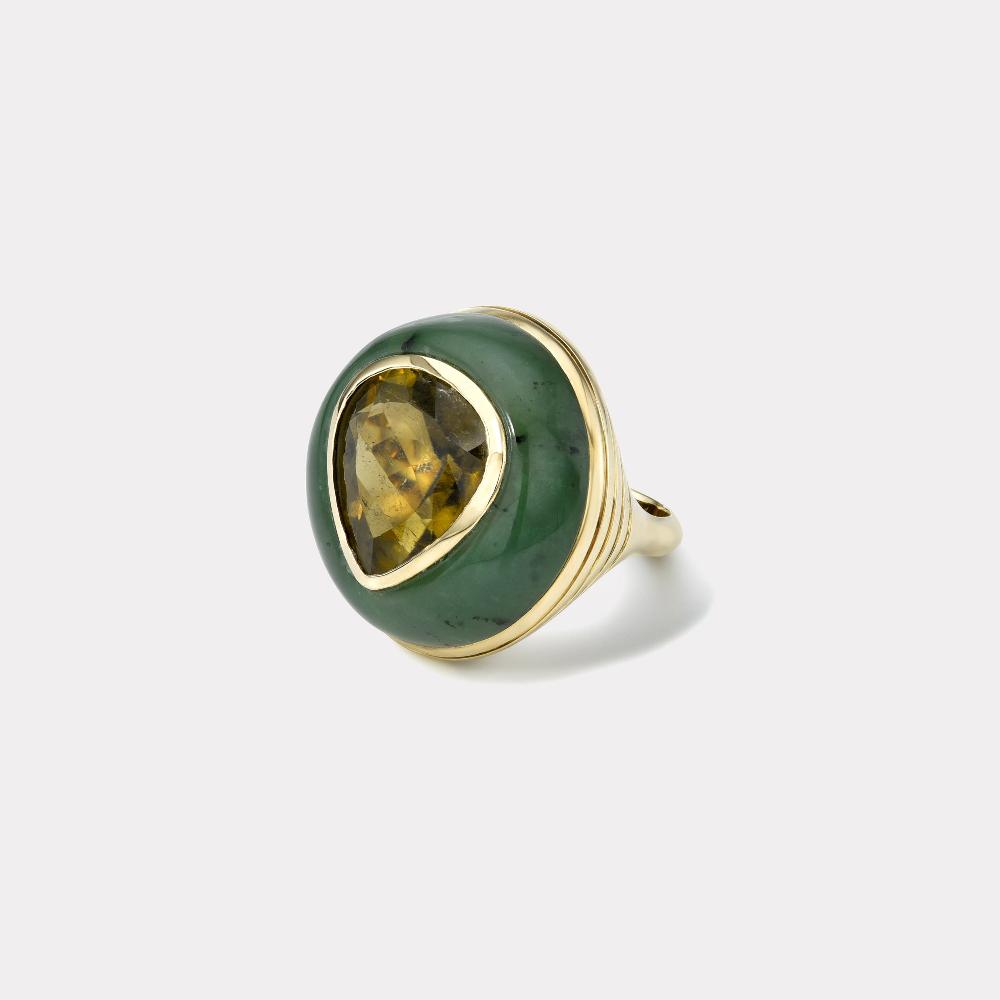 retrouvai Classic Lollipop Ring - 7ct Pear Olive Green Tourmaline in Hand Carved Nephrite Jade