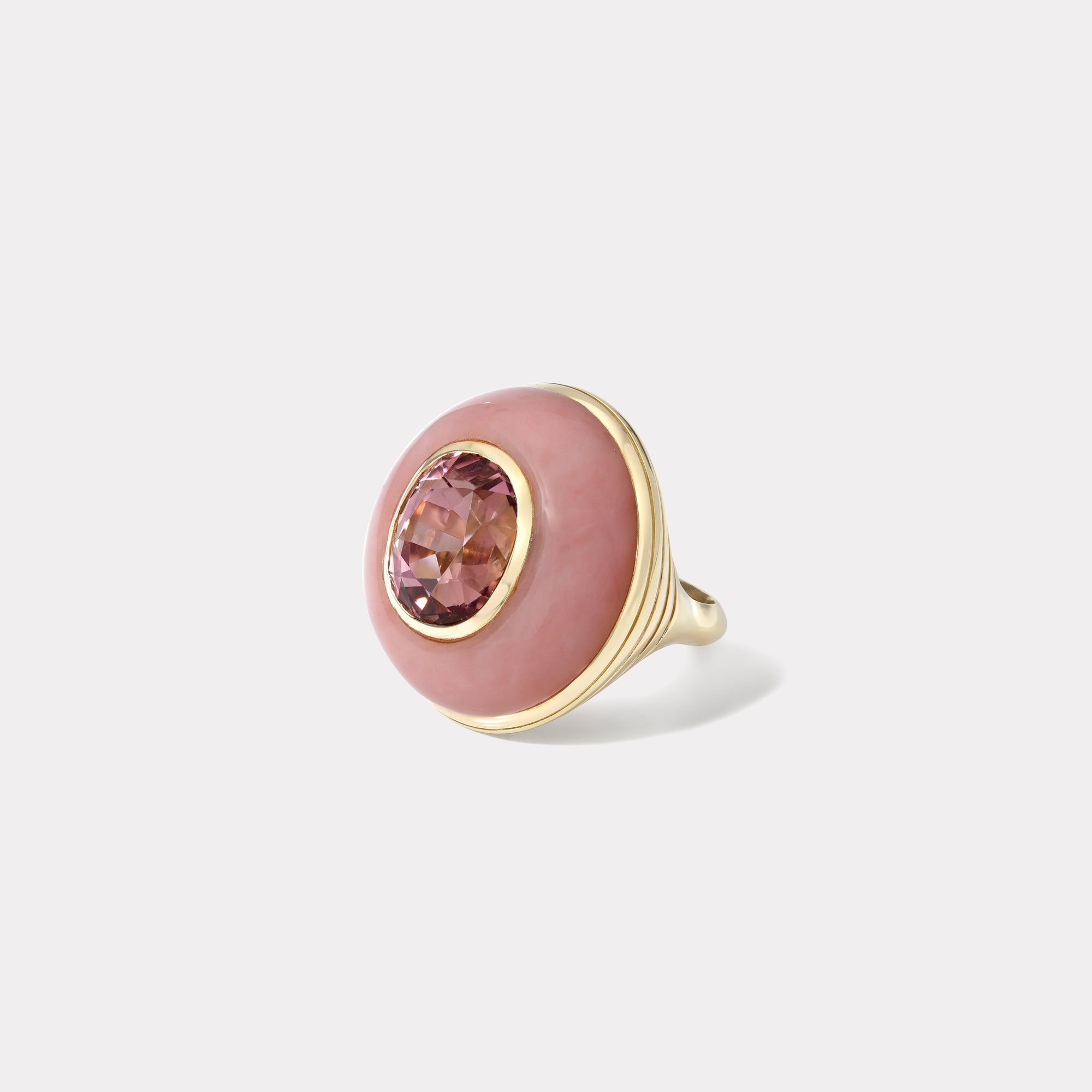 retrouvai Classic Lollipop Ring - 8.7ct Oval Pink Tourmaline in Hand Carved Pink Opal
