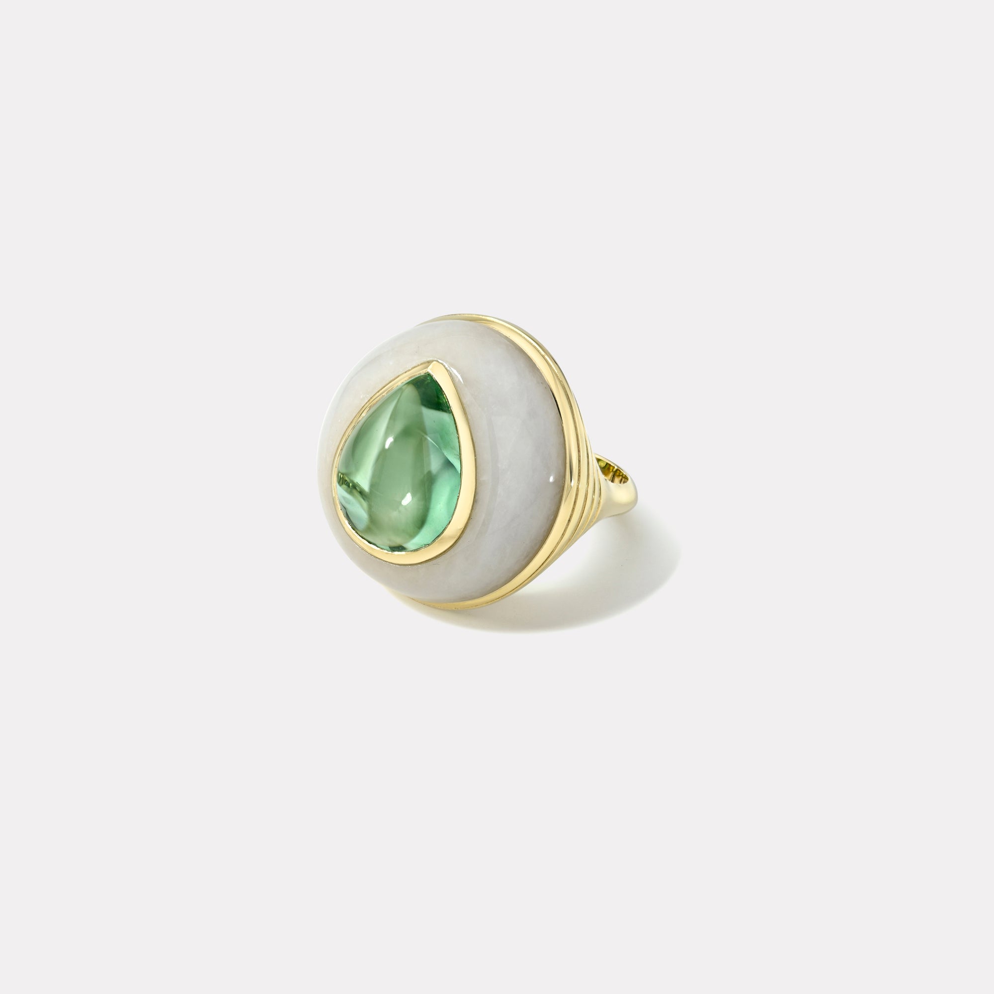 retrouvai Classic Lollipop Ring - 9.07ct Cabochon Pear Green Tourmaline in Hand Caved White Quartz