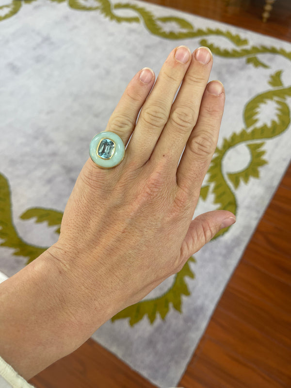 Retrouvai Classic Lollipop Ring - Cushion Aquamarine In Hand Carved Peruvian Opal