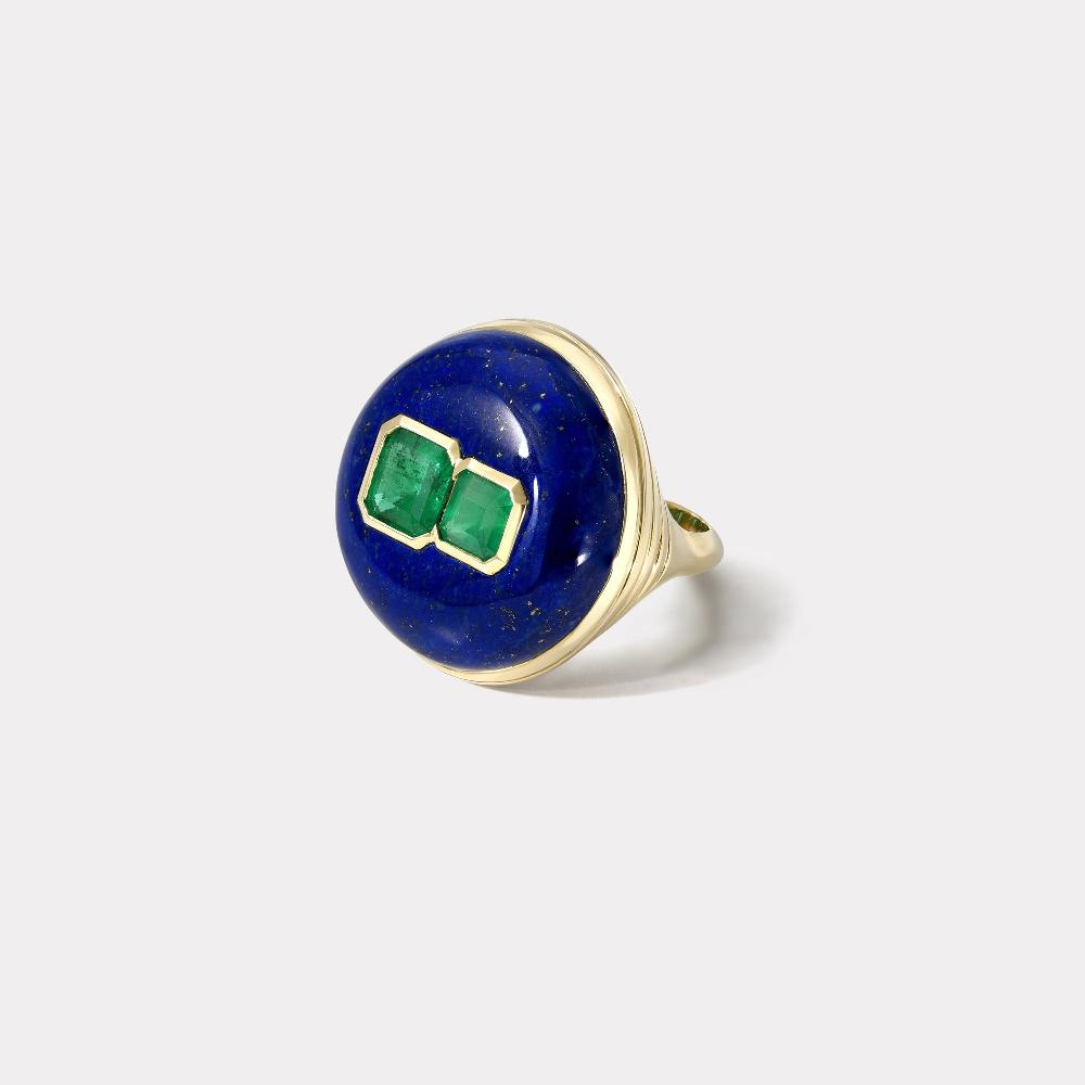 retrouvai Classic Lollipop Ring - Double Emeralds in Hand Carved Lapis