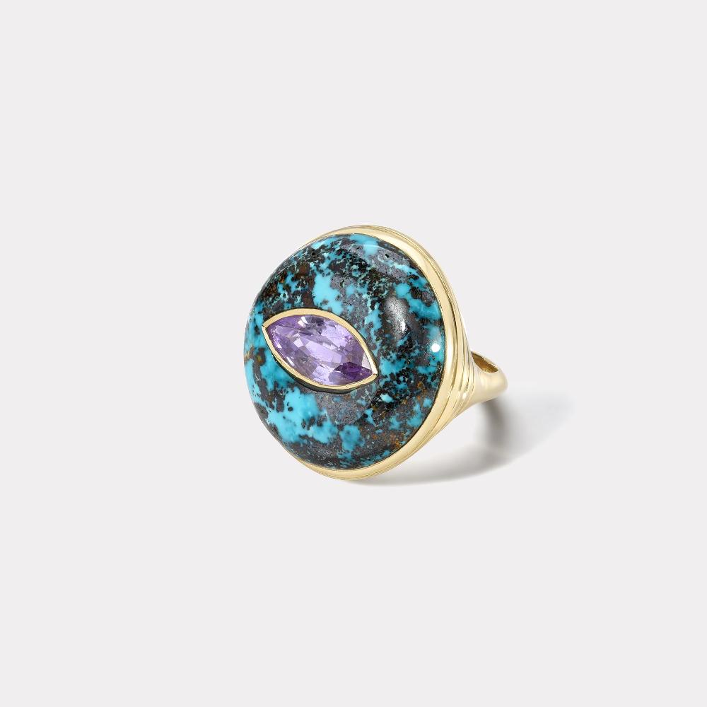 retrouvai Classic Lollipop Ring - Marquise Purple Sapphire in Hand Carved Turquoise