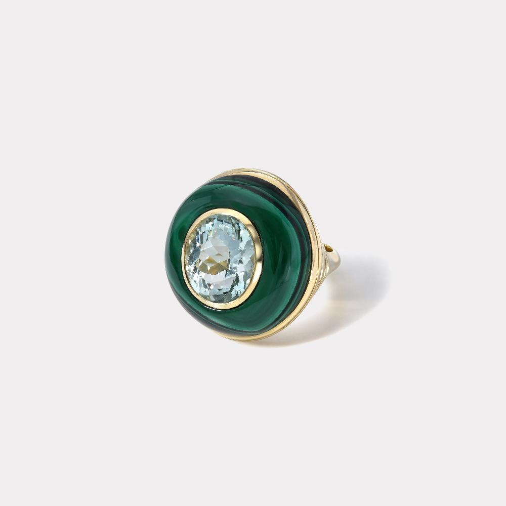 retrouvai Classic Lollipop Ring - Oval Aquamarine in Hand Carved Malachite