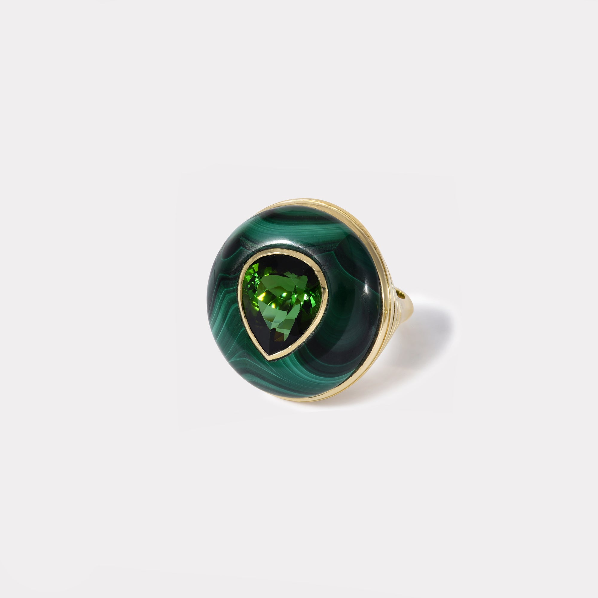 retrouvai Classic Lollipop Ring - Pear Green Tourmaline in Hand Carved Malachite
