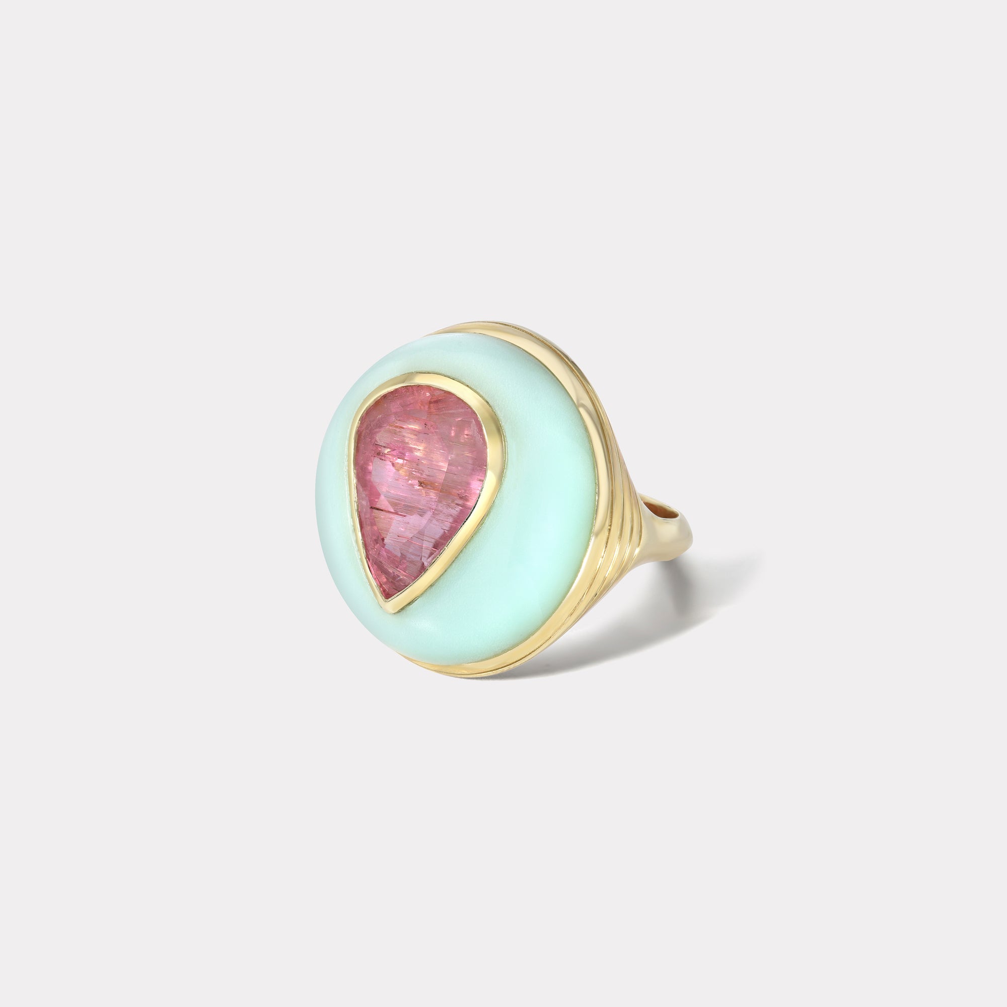 retrouvai Classic Lollipop Ring - Pear Pink Tourmaline in Hand Carved Chrysoprase