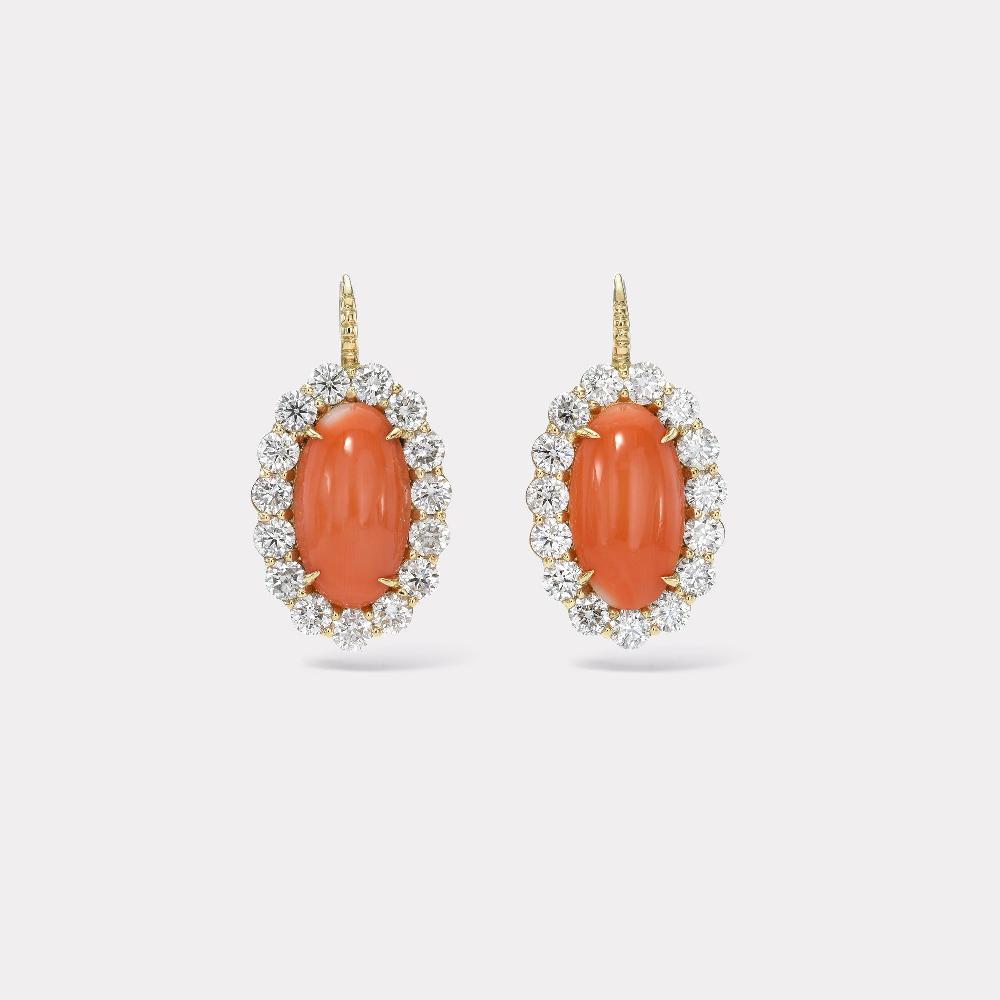 retrouvai Coral Cabochons with Diamond Halo Heirloom Bezel Earrings