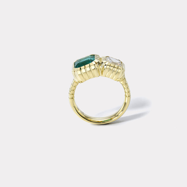 Retrouvai Double Stone 1.17ct GIA Diamond & 1.6ct Emerald Heirloom Bezel Ring