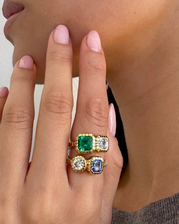 Retrouvai Double Stone 1.17ct GIA Diamond & 1.6ct Emerald Heirloom Bezel Ring