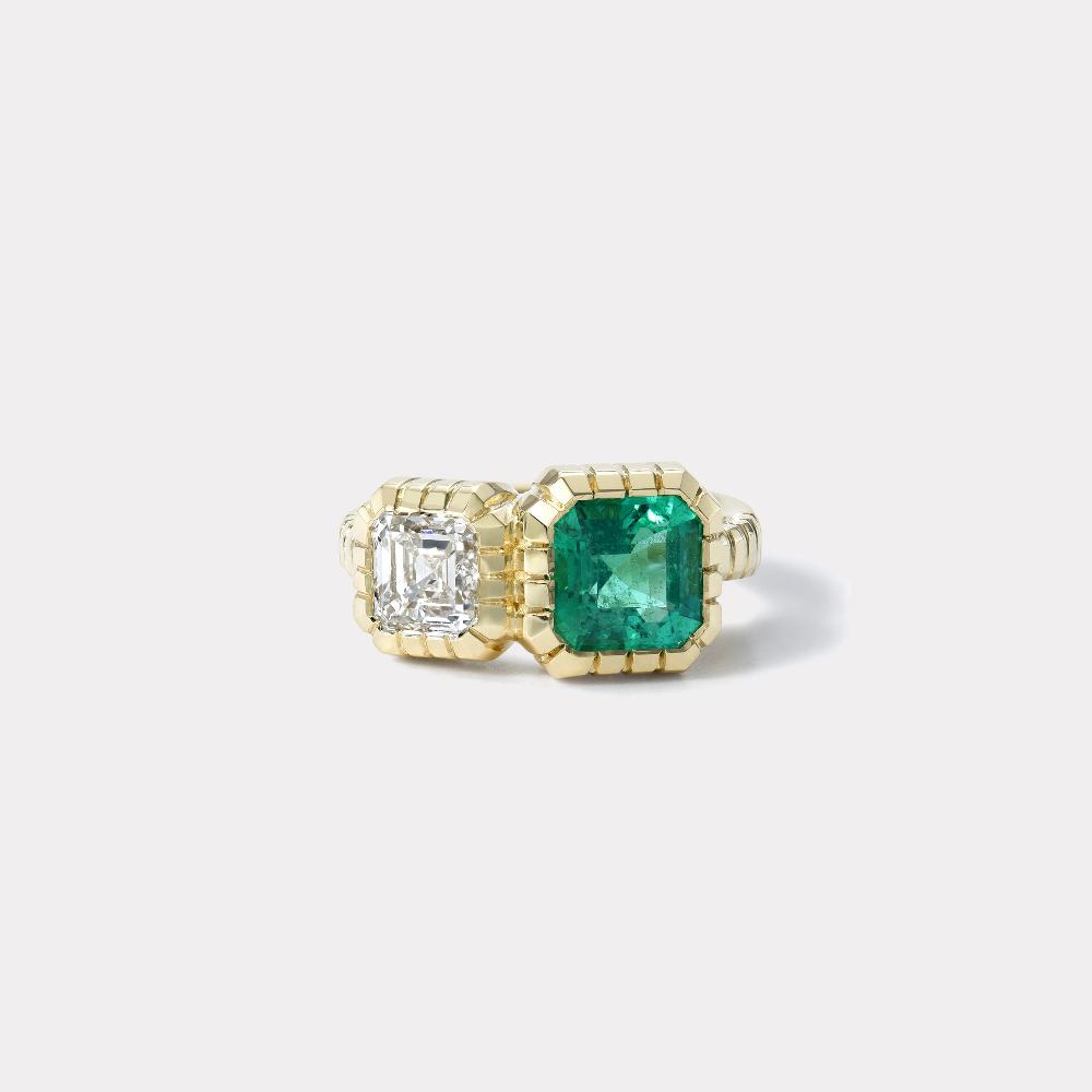 retrouvai Double Stone 1.17ct GIA Diamond & 1.6ct Emerald Heirloom Bezel Ring