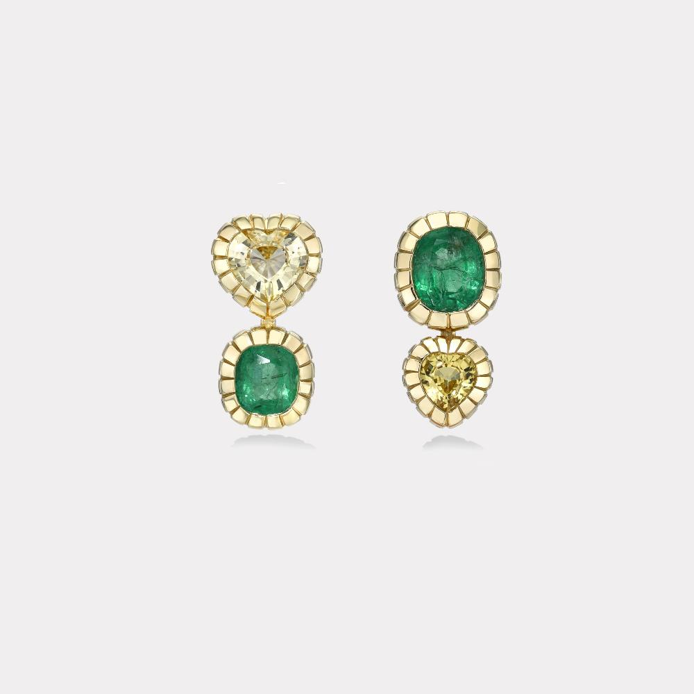 retrouvai Emerald and Yellow Sapphire Double Stone Heirloom Bezel Earrings