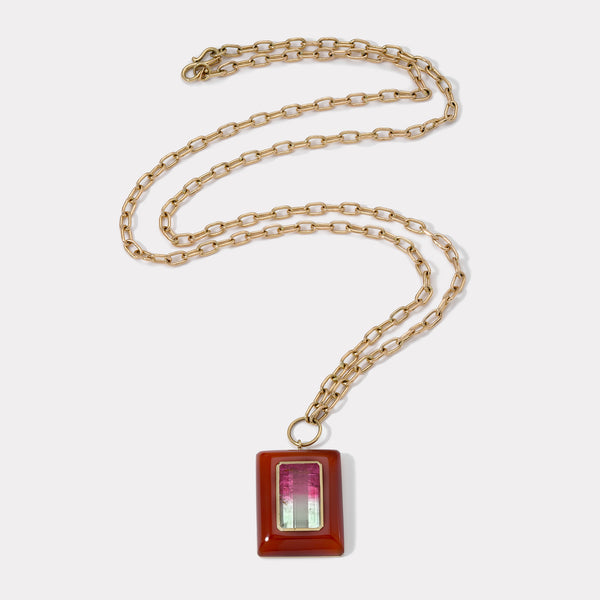 Retrouvai Emerald Cut Bicolor Tourmaline In Hand Carved Carnelian Lollipop Pendant