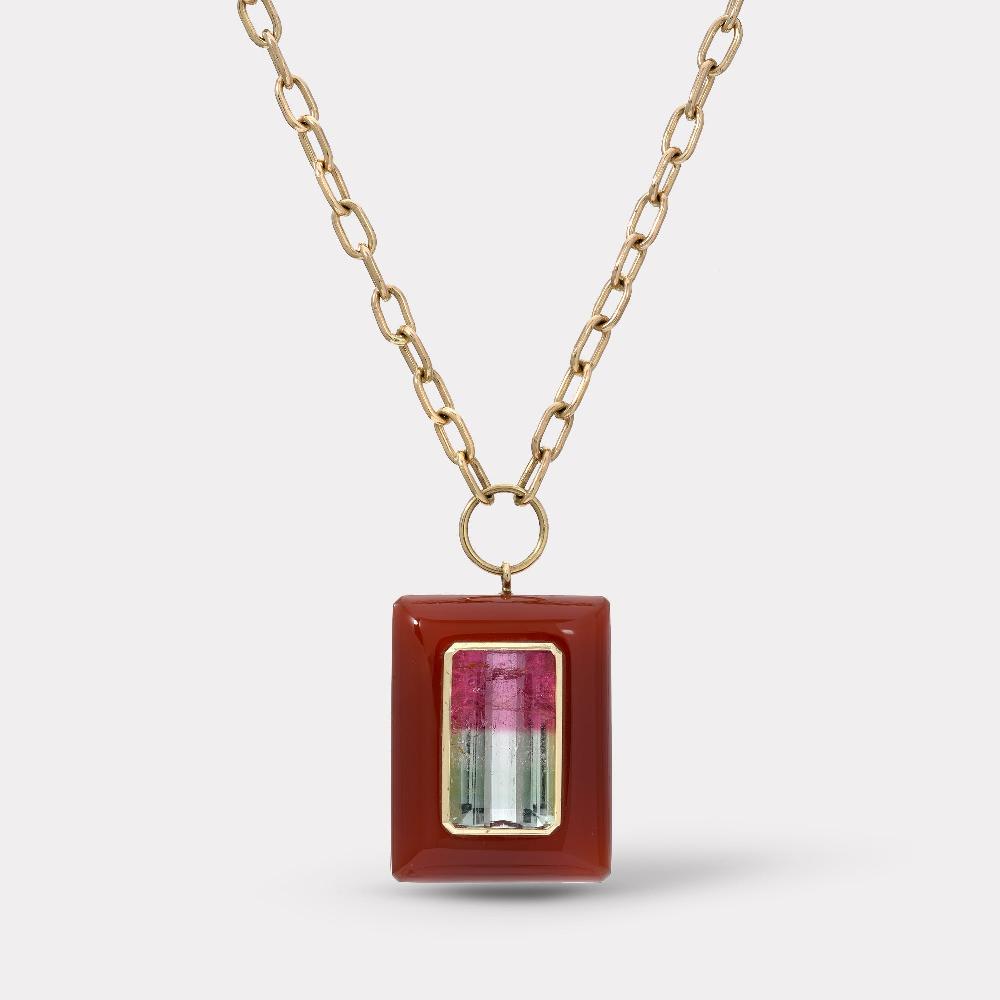 retrouvai Emerald Cut Bicolor Tourmaline in Hand Carved Carnelian Lollipop Pendant