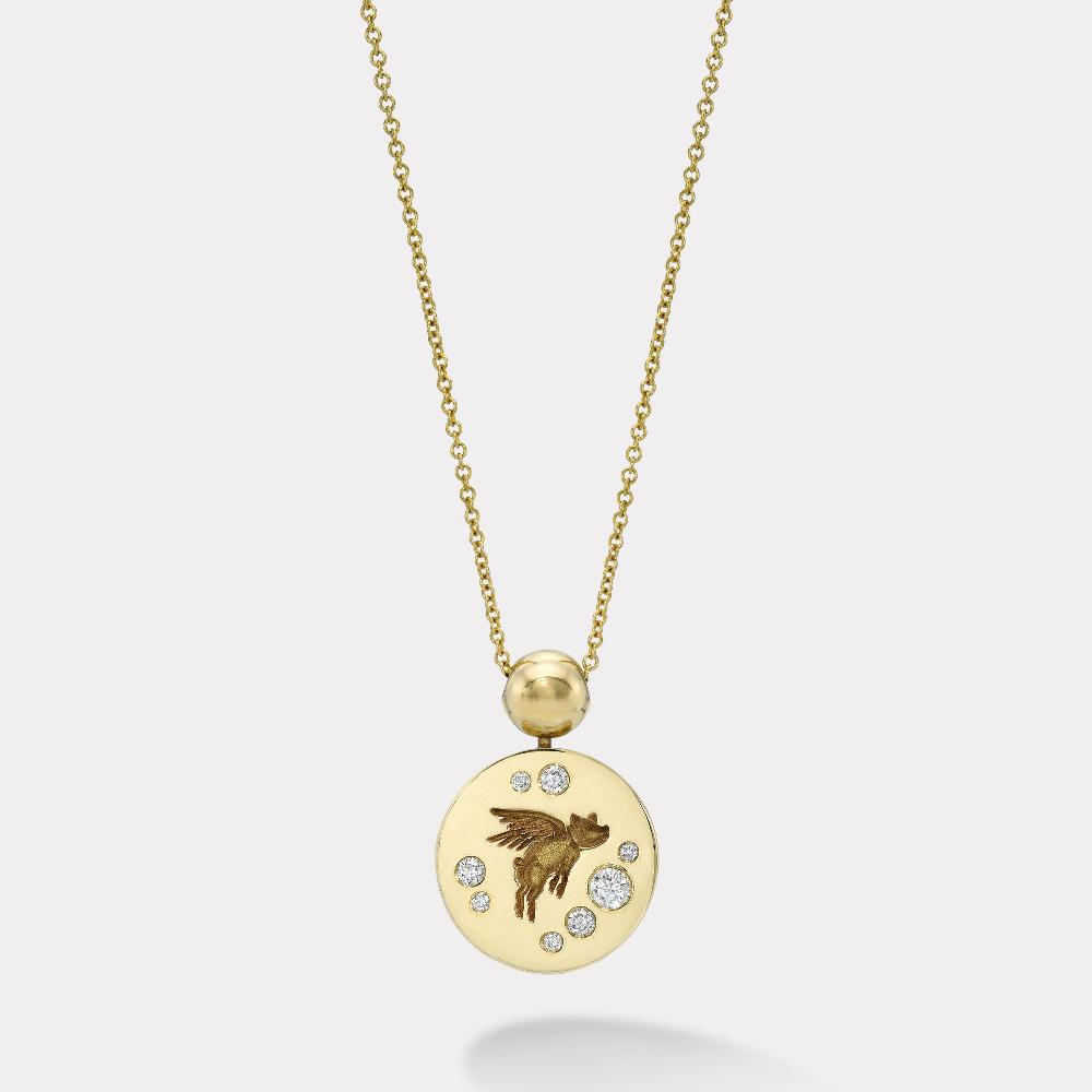 retrouvai Flying Pig Fantasy Signet Pendant Necklace with Diamonds