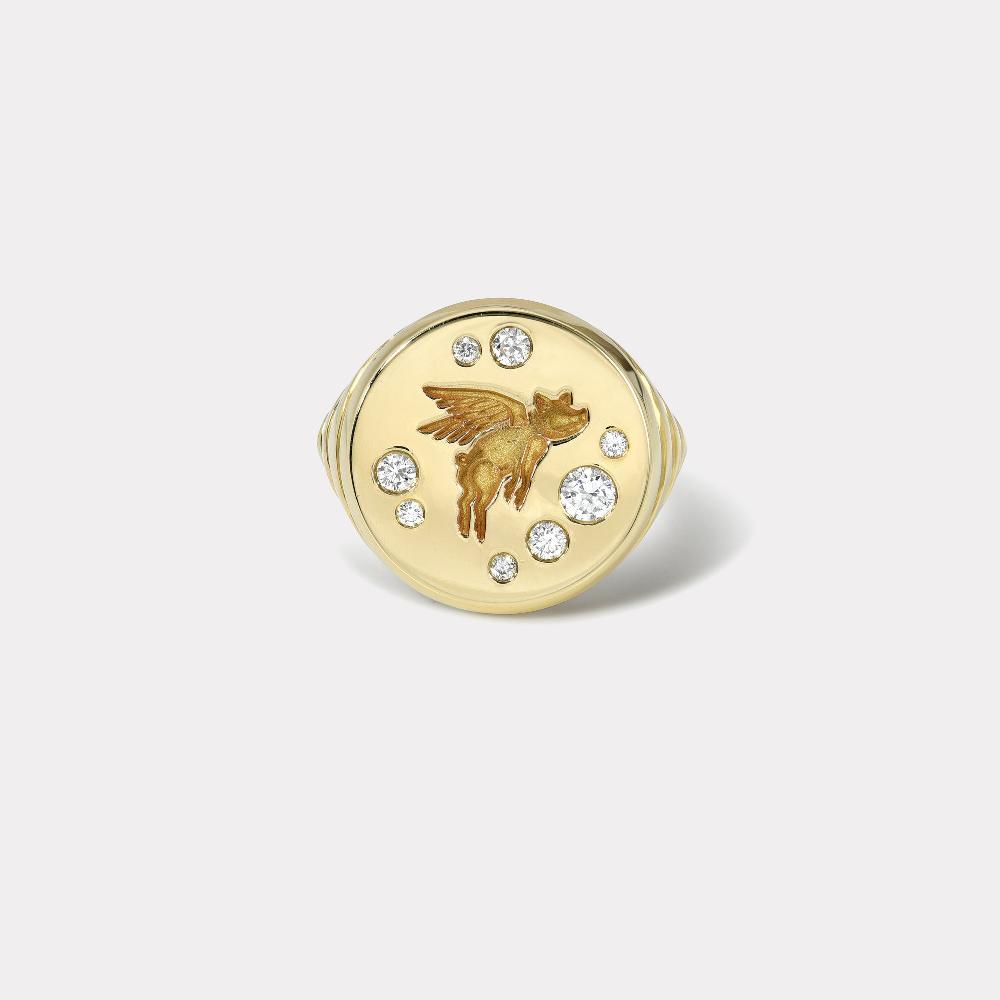 retrouvai Flying Pig Fantasy Signet Ring with Diamonds