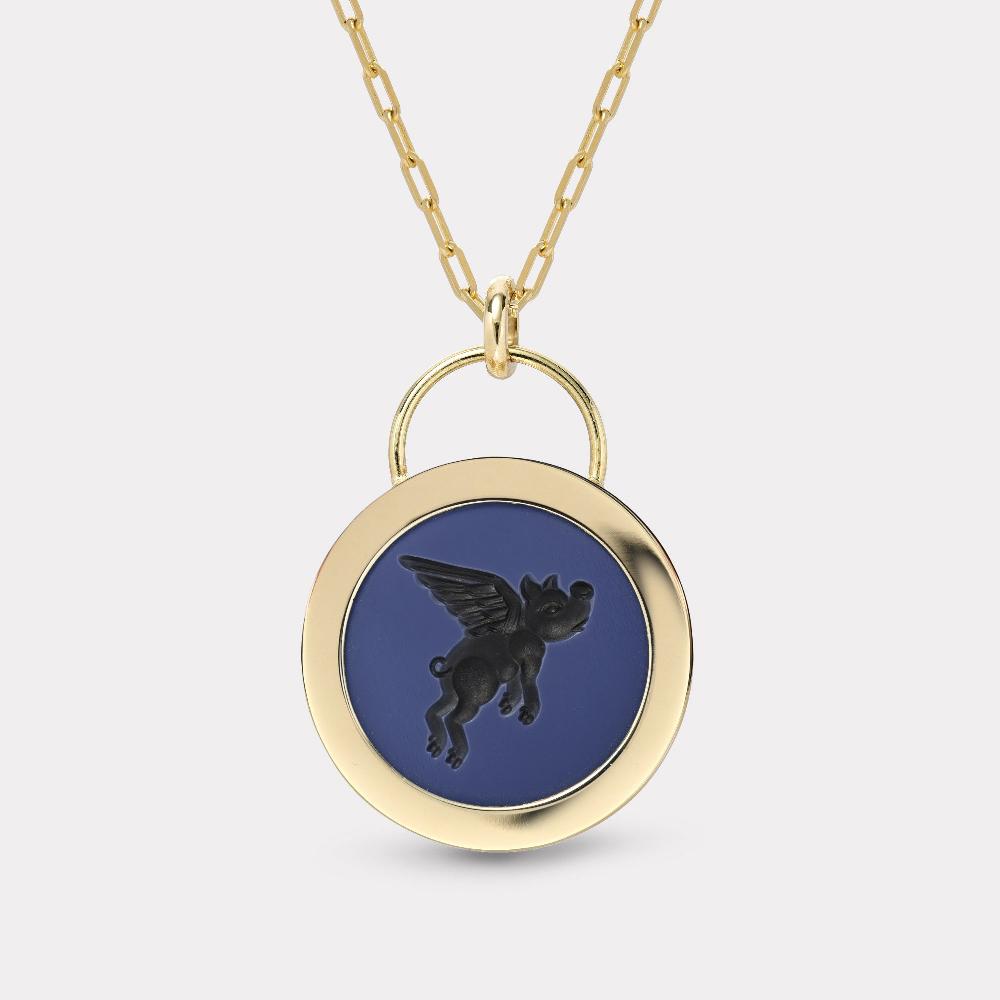 retrouvai Flying Pig Signature Padlock Intaglio - Double Layer Black Agate