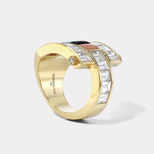 Retrouvai Godmother Diamond Baguette Magna Ring With Jade Coral Turquoise And Amethyst