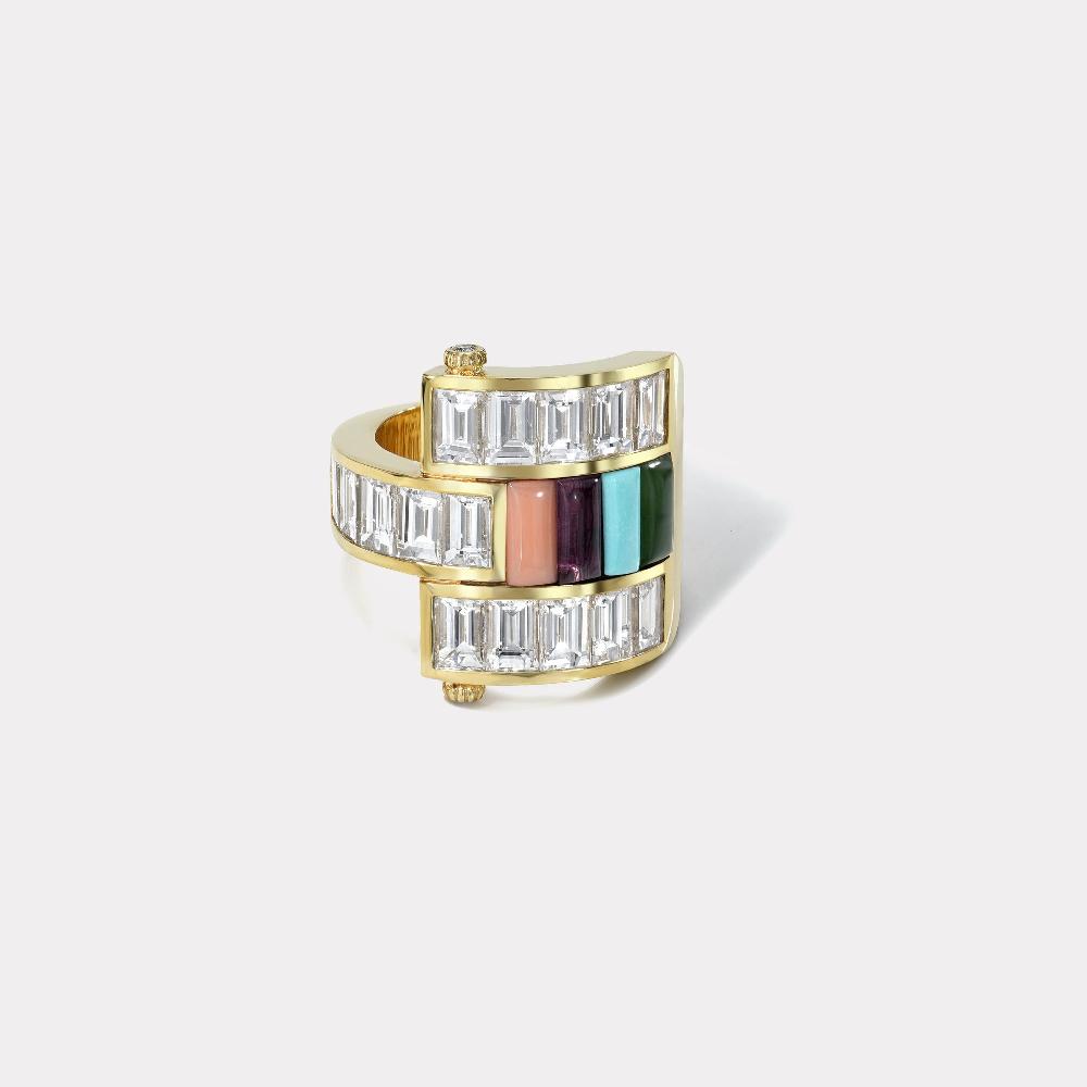 retrouvai Godmother Diamond Baguette Magna Ring with Jade Coral Turquoise and Amethyst