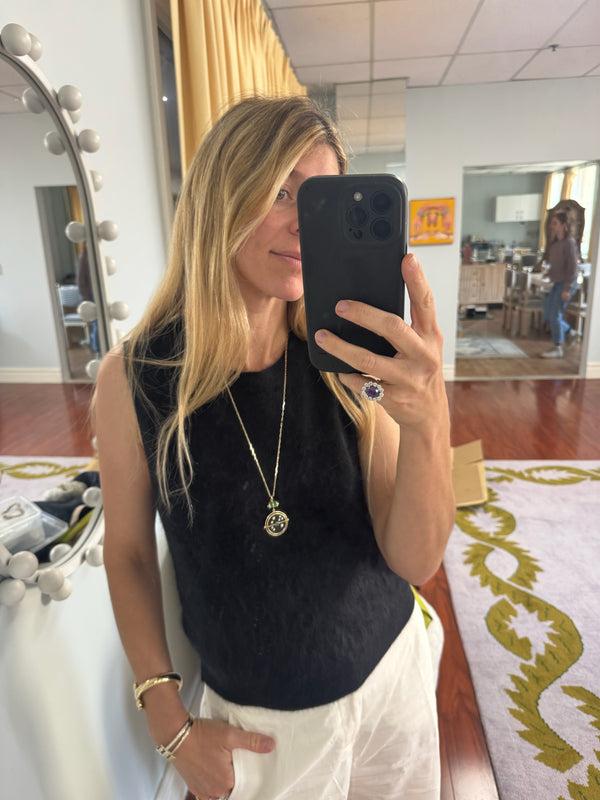 Retrouvai Grandfather Compass Pendant With Black Onyx And Emerald