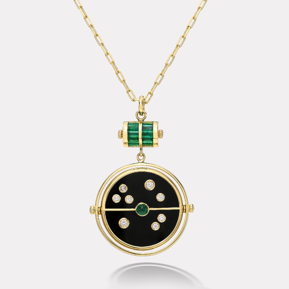retrouvai Grandfather Compass Pendant with Black Onyx and Emerald